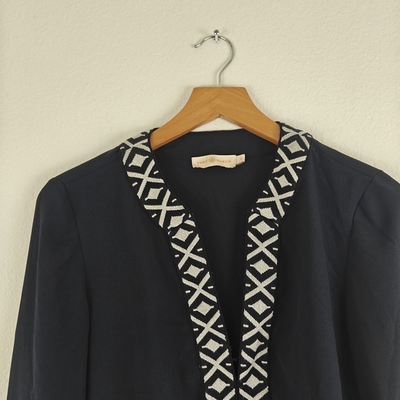 Tory Burch V-neck Navy Blue Embroidered Detail Tunic Top Size 2 - Picture 8 of 16